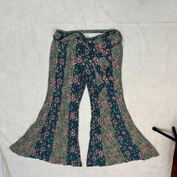 Free People Bali Sultry Boho Floral Flare Pants Teal Pink Green M Perfect Gift - Picture 5 of 13
